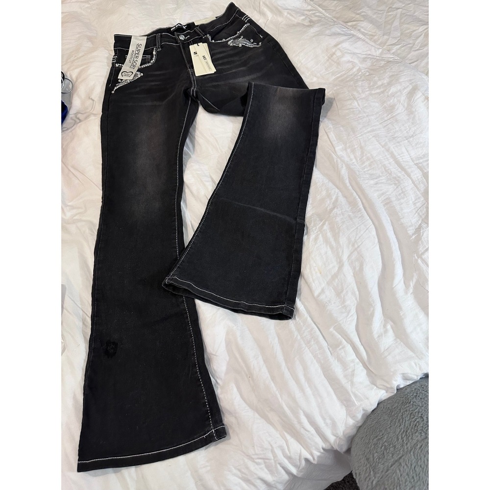 NWT Sky Black Bootcut Jeans Size 11 Skull Wings Rhinestone Bling Y2K Grunge Rock